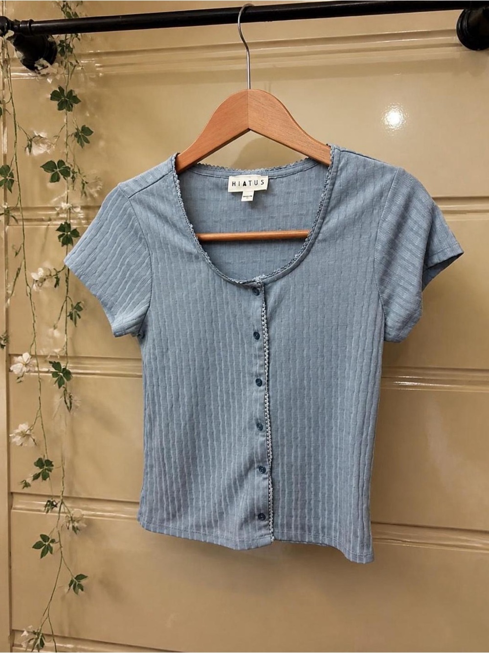 Women's Light Blue Ribbed Button-Front Tee